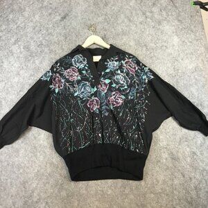 Vintage Sweater L XL Western Cowgirl Metallic Rose 80s Balloon Dolman Black Ribb